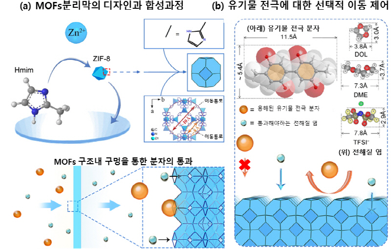 그림1. MOFs 분리막 공정을 통한 유기물 전극 이동의 선택적 제어