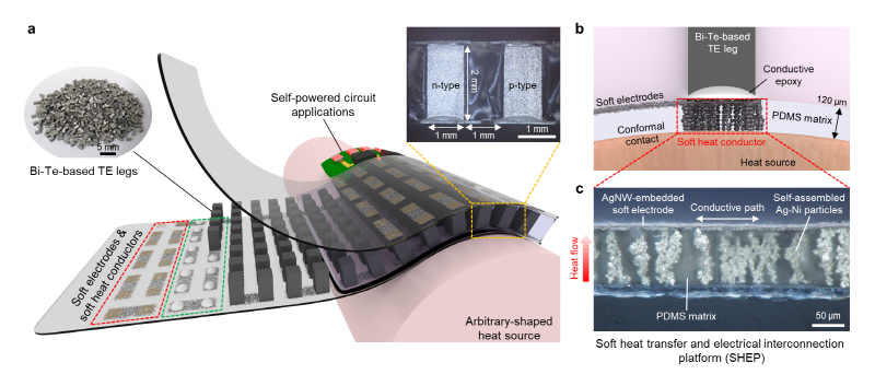 ▲ 그림 1 : (a) 고유연성 고성능 열전 소자의 모식도 (b) 열전달이 뛰어난 소프트 전극 플랫폼의 모식도 (c) 소프트 플랫폼 내에서 정렬된 금속 입자가 열전달 경로를 형성한 모습