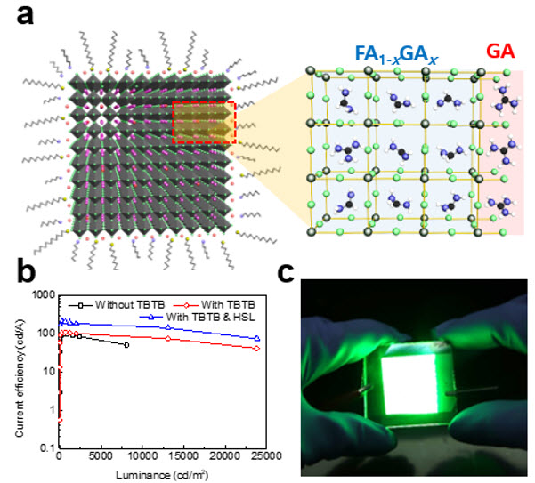 a. 공동 연구팀이 개발한 페로브스카이트 나노 입자 구조, b. 페로브스카이트 발광 다이오드의 발광효율 (외부 양자효율 = 23.4%), (TBTB: 1,3,5-트리스(브로모메틸)-2,4,6-트리에틸벤젠 결함제거층, HSL:반구 렌즈), c. 대면적 발광소자
