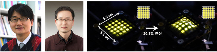 ▲ 왼쪽부터 서울대 이태우 교수, 고려대 우한영 교수, 연신 전후의 대면적 스트레처블 발광 다이오드 사진