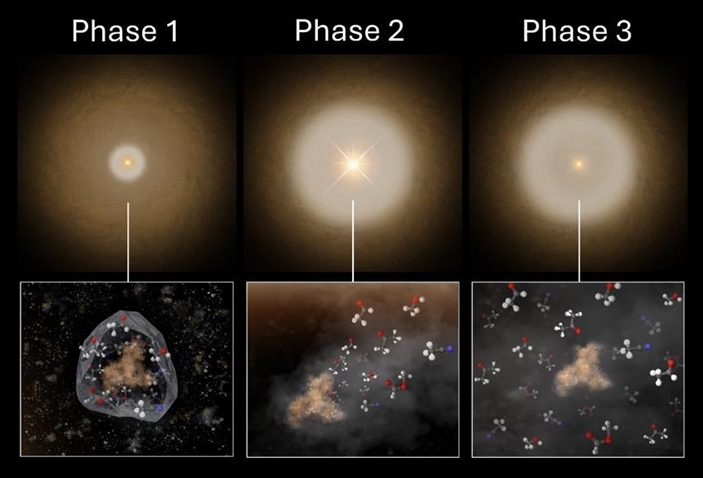 [그림3] 변광하는 태아별 B335 주변 “천연 화학실험실”. Phase2에서 태아별이 폭발적으로 밝아지면, Phase1에서 먼지 표면에 얼음상태로 붙어있던 복합유기분자들이 기화된다. Phase3에서 태아별이 다시 어두워져, Phase1 상태로 돌아가도, 유기분자들이 먼지 표면으로 응축되지 못하고, 여전히 기체상태에 머물러 있다. (Credit: ALMA (ESO/NAOJ/NRAO) / J.-E. Lee et al.)