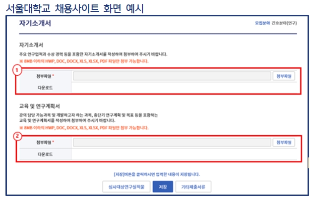 서울대학교 채용사이트 화면 예시