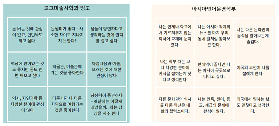 고고미술사학과 전공 소개 빙고(左), 아시아언어문명학부 전공 소개 빙고(右)