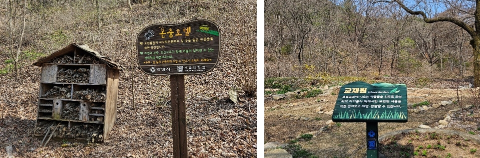 생태계를 보호하는 곤충호텔(좌), 교과서 속 식물들을 볼 수 있는 교재원(우)